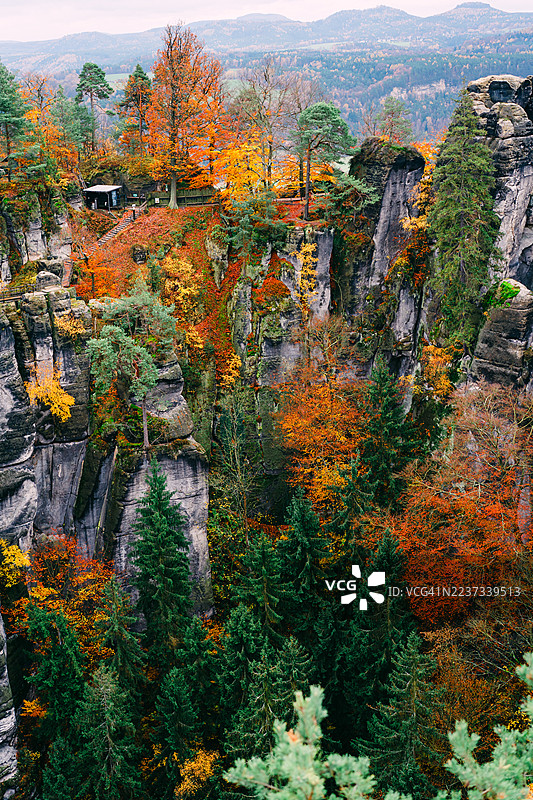 德国萨克森瑞士国家公园埃尔贝 sandstone 山脉的秋季森林俯瞰，岩石形成与色彩斑斓的树叶夹在悬崖之间。图片素材