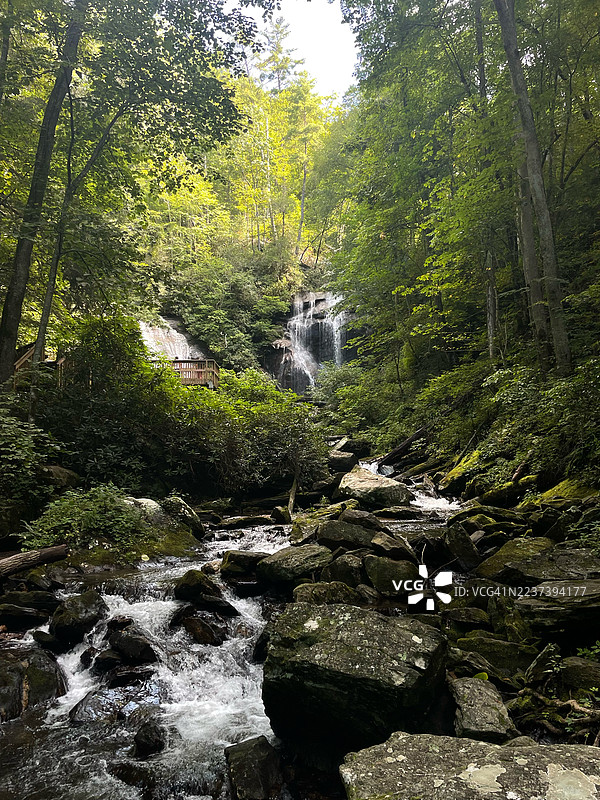 雄伟的瀑布倾泻而下，穿过郁郁葱葱的绿色森林景观图片素材