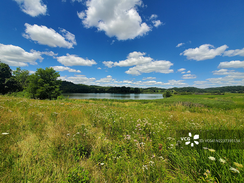 广阔的风景，宁静的湖泊，四周环绕着郁郁葱葱的绿色田野和连绵起伏的山丘，天空湛蓝，白云朵朵，营造出自然美景和宁静的氛围，美国，美国，戴恩县图片素材