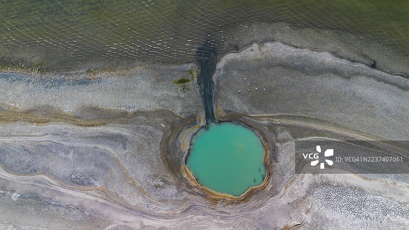 土耳其布尔杜尔的航拍图，展示了拥有绿松石色水池和龟裂大地的壮丽景观图片素材