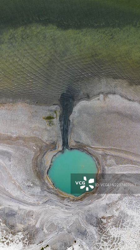 土耳其布尔杜尔地热温泉的鸟瞰图，拥有绿松石般的水和龟裂的土地景观图片素材
