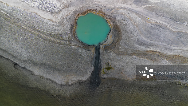 土耳其布尔杜尔干涸大地上的蓝绿色地热温泉鸟瞰图图片素材