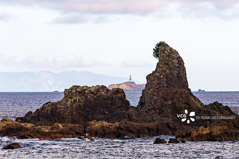 一块因形似哥斯拉而稍有名气的奇特岩石。神子元岛及其灯塔，以出现大量锤头鲨而闻名。伊豆群岛，包括新岛和小笠原岛，清晰可见于海岸外。图片素材