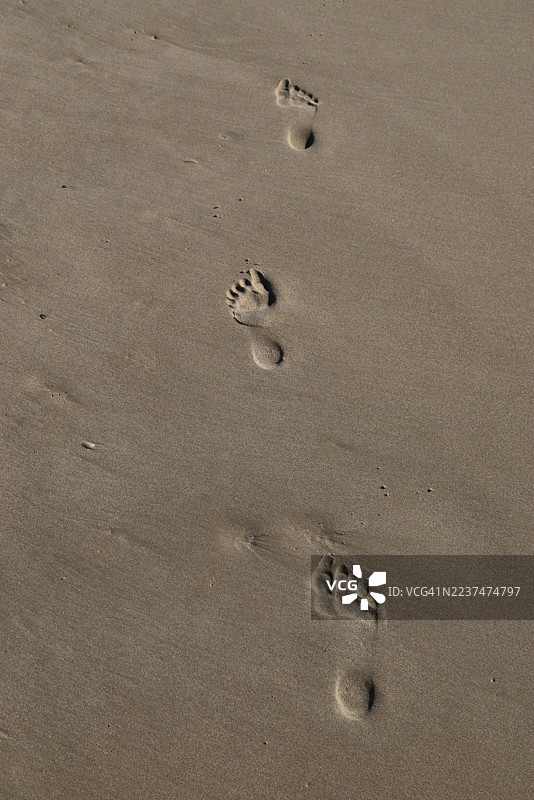 湿沙滩上的赤脚脚印图片素材