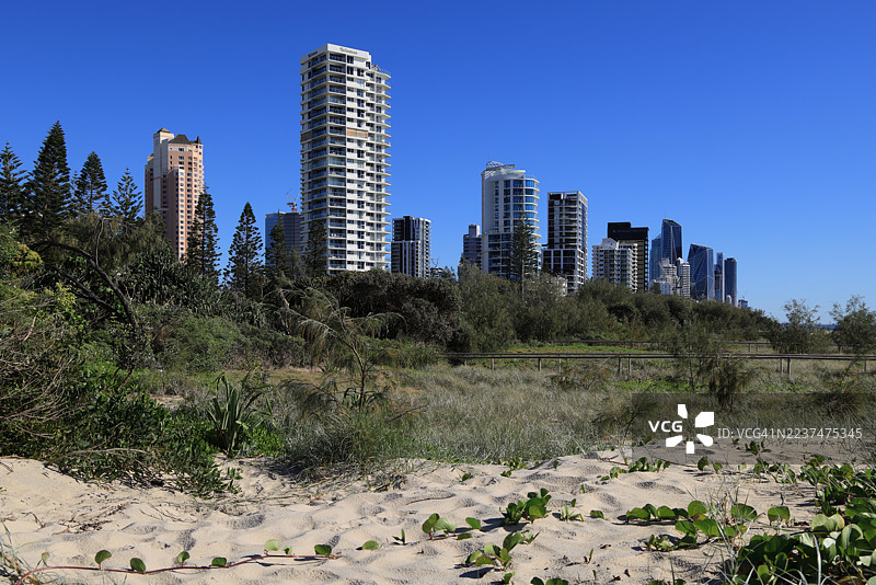 澳大利亚昆士兰黄金海岸布罗德海滩海岸线上，摩天大楼矗立在沙丘之上。图片素材