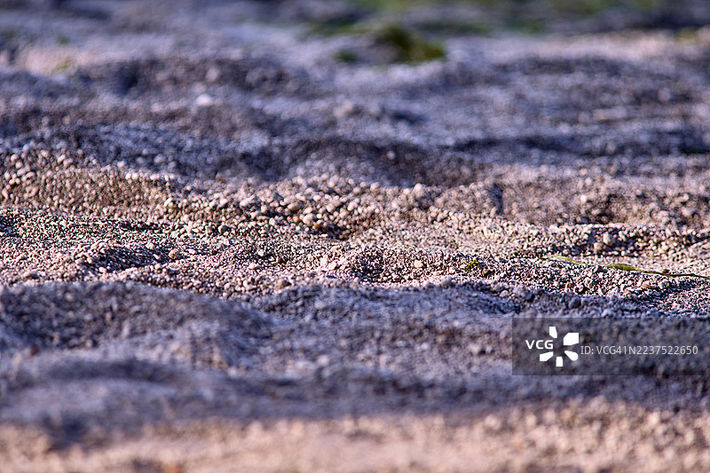 湖岸沙子的特写低角度视图，展现出纹理。图片素材