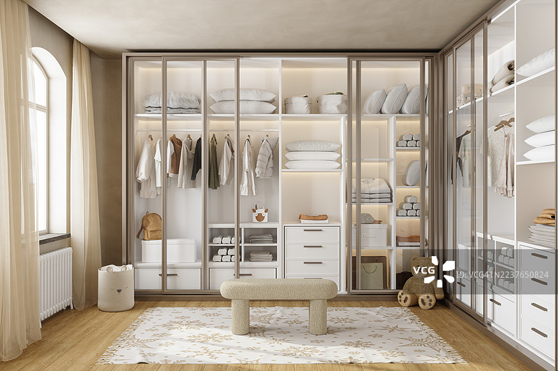现代儿童更衣室，配有整齐的衣柜和柔和的中性色调装饰图片素材