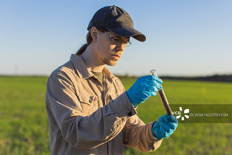 农学家在试管中采集田地的土壤样本。土壤分析图片素材