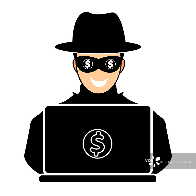 戴着兜帽的黑客，身旁是笔记本电脑和美元符号，表现出网络犯罪和财富的概念。图片素材