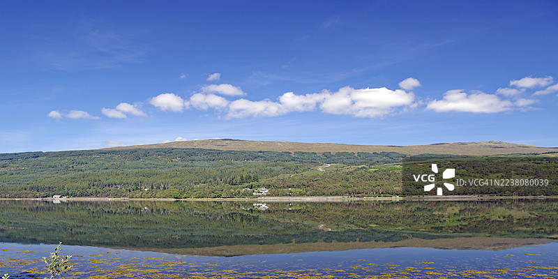 苏格兰威廉堡，卡莱多尼安运河，平静的湖面倒映着周围的山脉和多云的天空图片素材