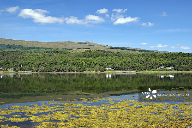 苏格兰、英国，艾尔湖，清澈的湖水倒映着周围的绿色山丘和蓝天。图片素材