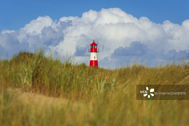 利斯特灯塔，位于埃伦根，晨光，晨间氛围，沙丘，北海岛屿，叙尔特图片素材