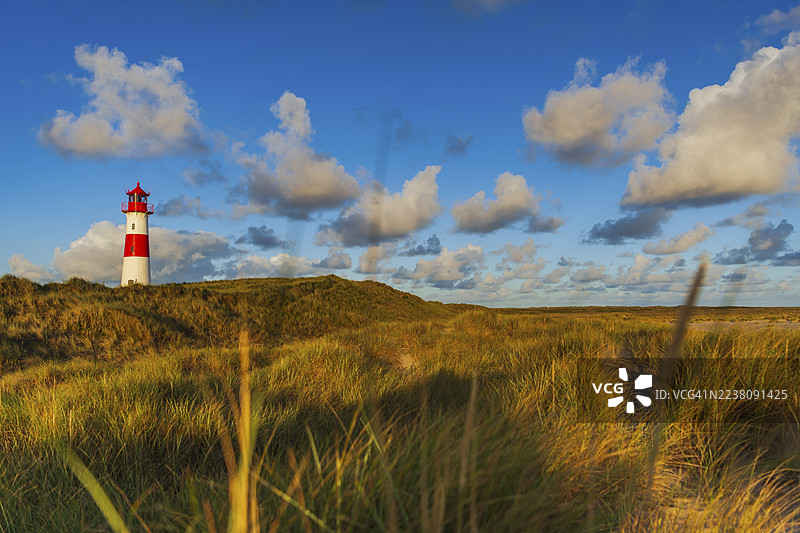 林斯特灯塔，位于埃伦博根，晨光，晨间氛围，沙丘，北海岛屿，叙尔特图片素材