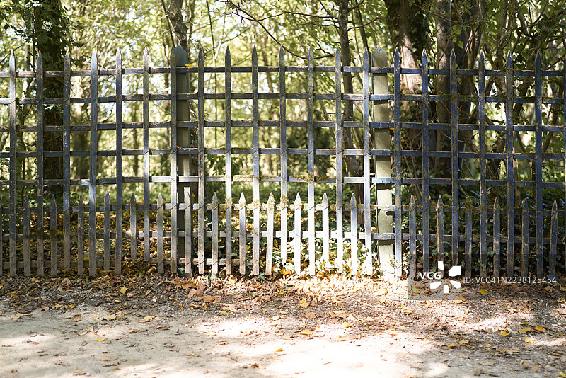 秋季，古朴的乡村栅栏与葱郁的森林接壤。图片素材