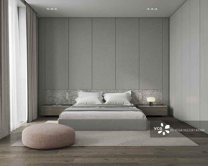 现代简约风格的卧室室内，配有粉色坐垫和布艺墙面板图片素材