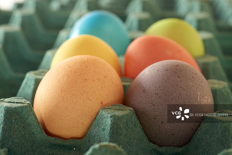 彩色的复活节彩蛋放在绿色的蛋托里图片素材