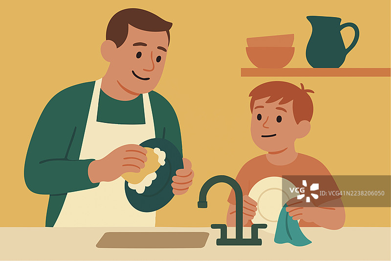 家庭成员在厨房一起洗碗图片素材