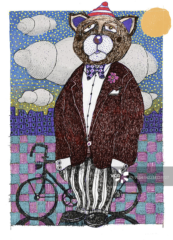 拟人化的熊穿着西装打着领结，背景是城市景观和自行车图片素材