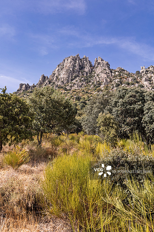 阳光明媚的日子里，蓝天下是洛矶山脉和地中海植被。图片素材