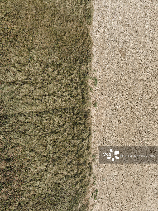 从正上方拍摄的沙丘边缘，上面覆盖着海滨草，与海滩平行，地点为英国泰恩-威尔郡北谢尔兹。图片素材
