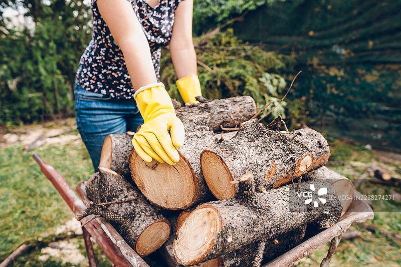 一位女士正在为过冬准备木材图片素材