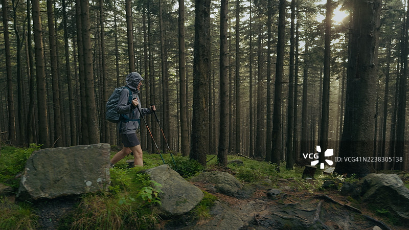 女人在恶劣天气条件下，冒雨在森林里的石板路上行走。图片素材