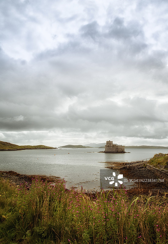 历史悠久的港口，前景是五颜六色的花朵，港口一座岛上有座城堡，天空低垂着富有氛围感的阴沉云彩，气氛忧郁。图片素材