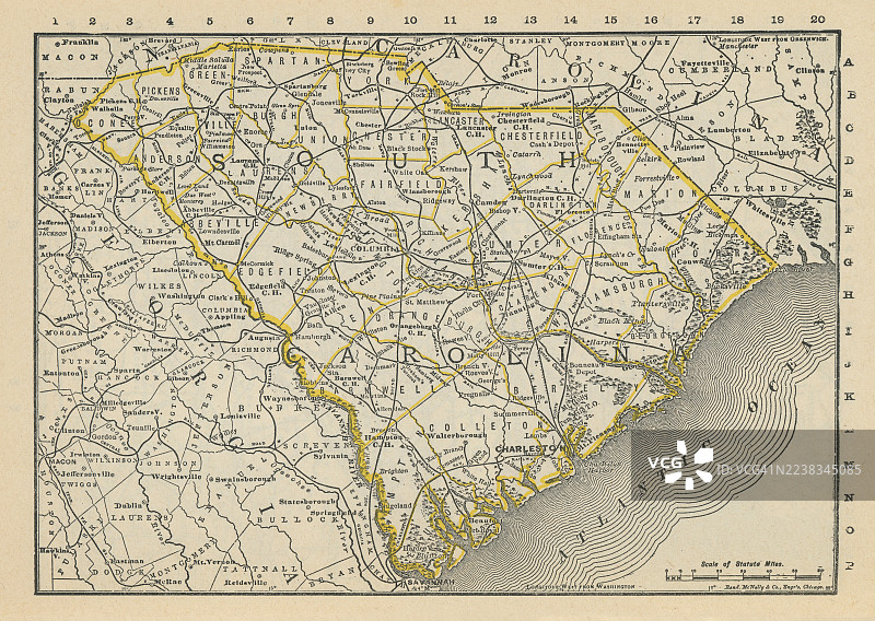 南卡罗来纳州旧地图雕刻插画，包含县、城镇和铁路图片素材