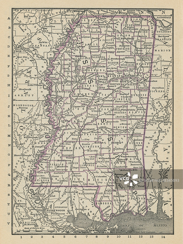 老式雕版插画，描绘了密西西比州及其县、城镇和铁路的地图。图片素材