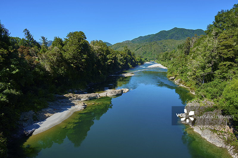 河流、沙洲和树木繁茂的山丘环绕着自然风光，布勒河，默奇森，塔斯曼，南岛，新西兰图片素材
