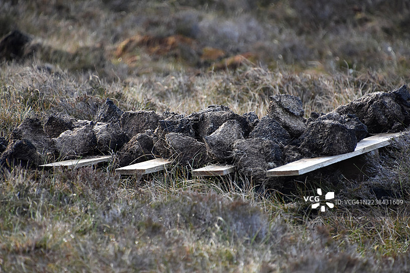 田野里准备晾晒的泥炭砖和木板图片素材