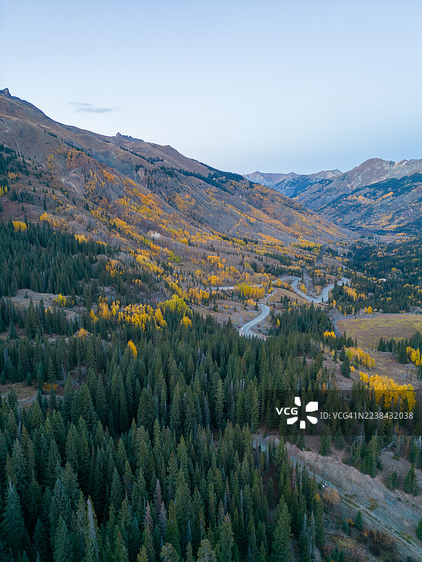 秋季森林景观航拍图，蜿蜒的山路穿过金黄色的树林图片素材