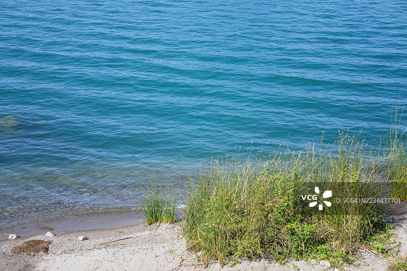 阿蒂特兰湖岸线，拥有蓝色湖水和植被图片素材