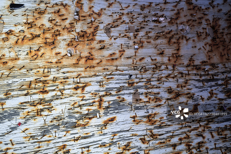 法罗群岛托尔斯港木板上的大量订书钉图片素材