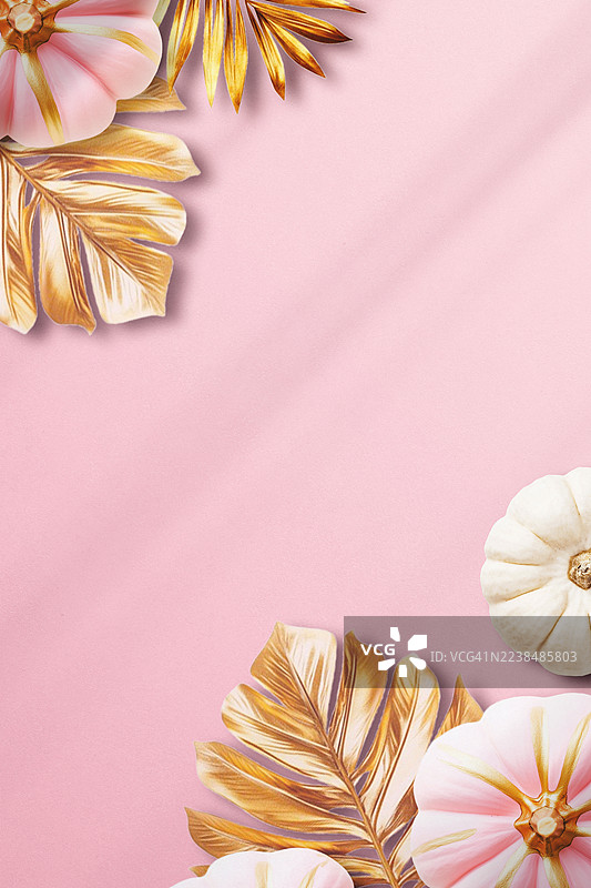 粉色背景上铺展的金色树叶和南瓜的俯视构图图片素材