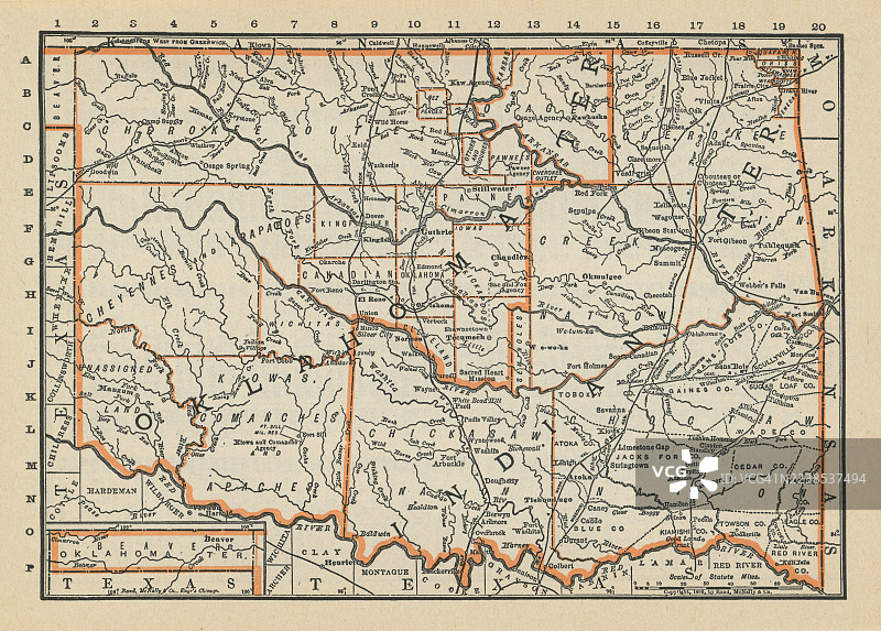 俄克拉荷马州（美国）的旧版雕刻地图插画图片素材