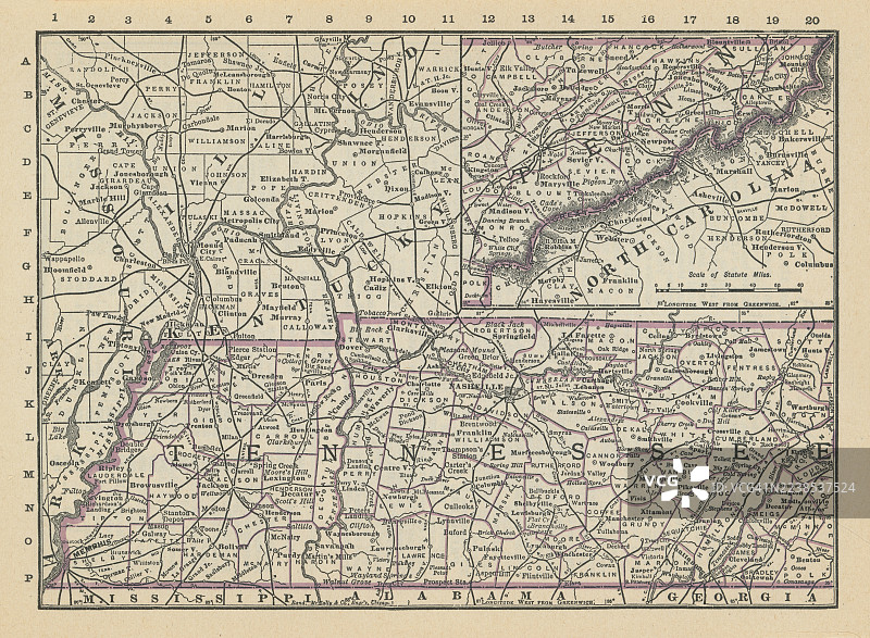 美国田纳西州旧版雕刻地图插画图片素材
