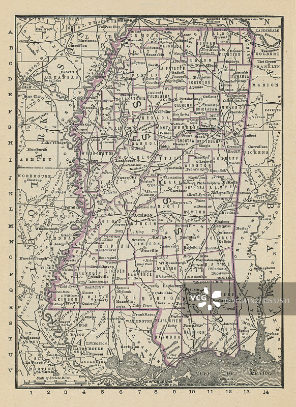 老式雕刻插画，描绘了美国密西西比州按县划分的地图及海湾。图片素材