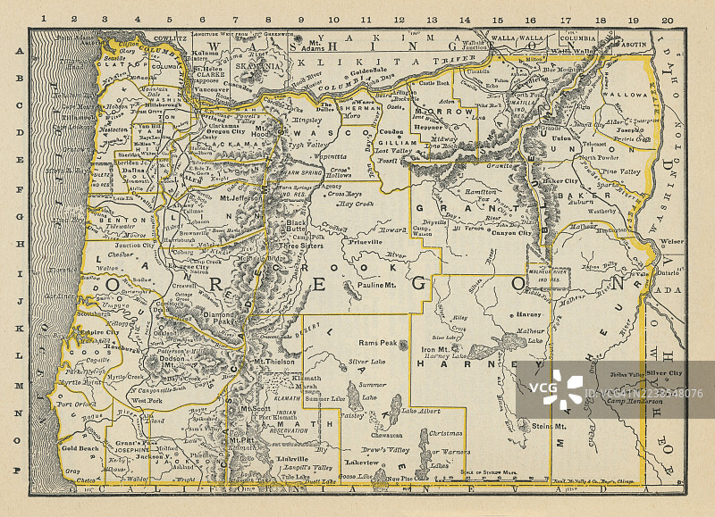 俄勒冈州旧雕版插图，横跨太平洋西北部，显示了县、河流和山脉图片素材