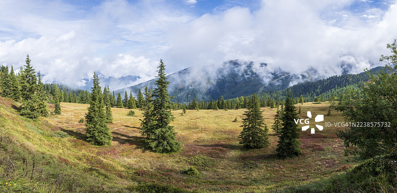 秋季彩色风景，笼罩着薄雾，位于奥地利施蒂利亚州施拉德明镇的施拉德明陶恩。图片素材