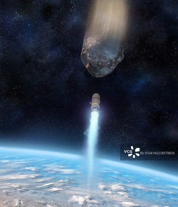 洲际导弹在地球轨道上，蓝色推进器火焰正射向小行星。图片素材