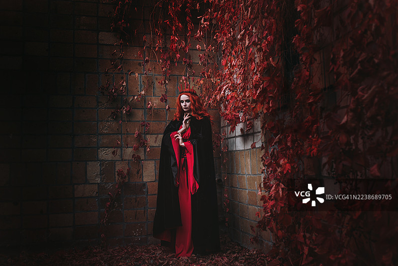 红发女巫与巨型南瓜，讲述森林夜晚的万圣节神秘传说，一场萨巴特。亡灵新娘 圣死亡 竖图图片素材