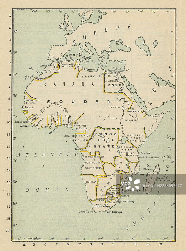 19世纪非洲旧版雕版地图插画，包含区域、河流和沿海地名图片素材