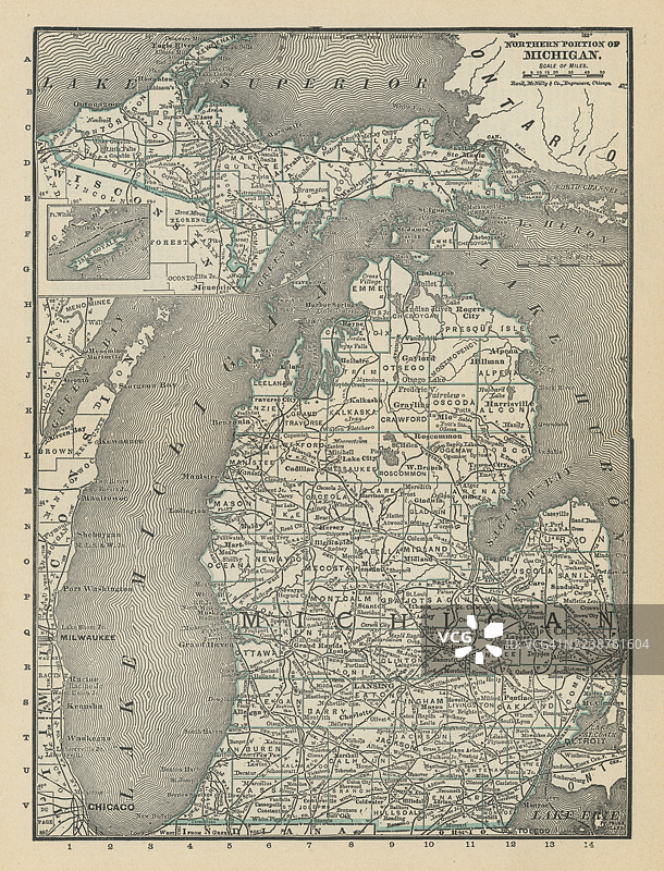 一张密歇根州地图的古老雕版插图，展示了大湖的海岸线。19世纪末的地图绘制技术。图片素材