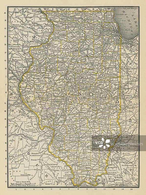 一张古老的伊利诺伊州地图雕刻插画，标注有铁路线和河流。19世纪末的地图绘制。图片素材