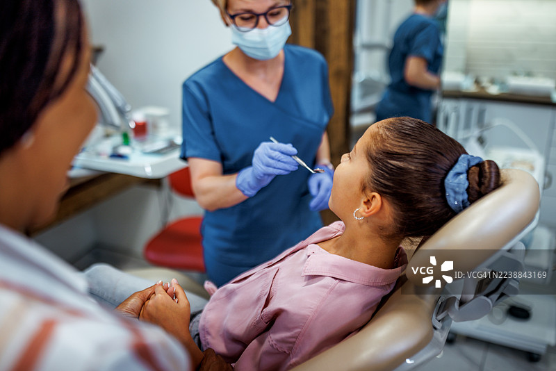 女牙医正在检查一个小女孩的牙齿图片素材
