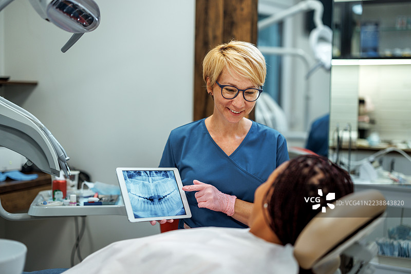 牙医在诊所向女病人展示X光片图片素材