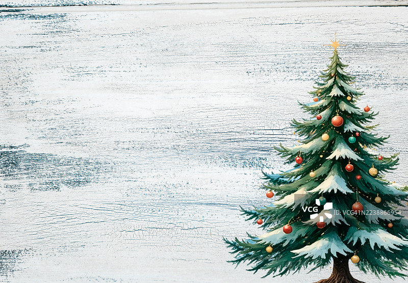 装饰圣诞树在乡村木质背景上图片素材