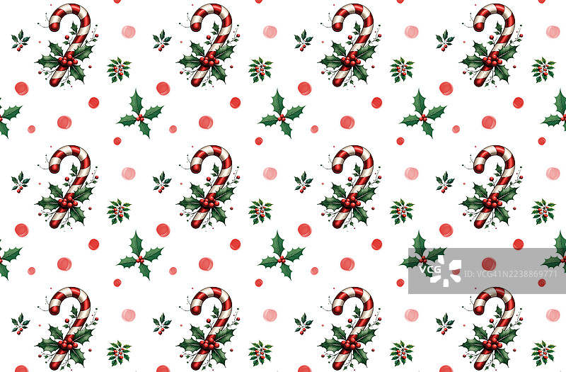 圣诞节糖果手杖和冬青叶无缝图案图片素材