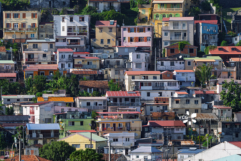 马提尼克岛法兰西堡港，热带城市景观，色彩缤纷的房屋密集地堆叠在陡峭的山坡上，配有棕榈树和鲜艳的外墙。图片素材